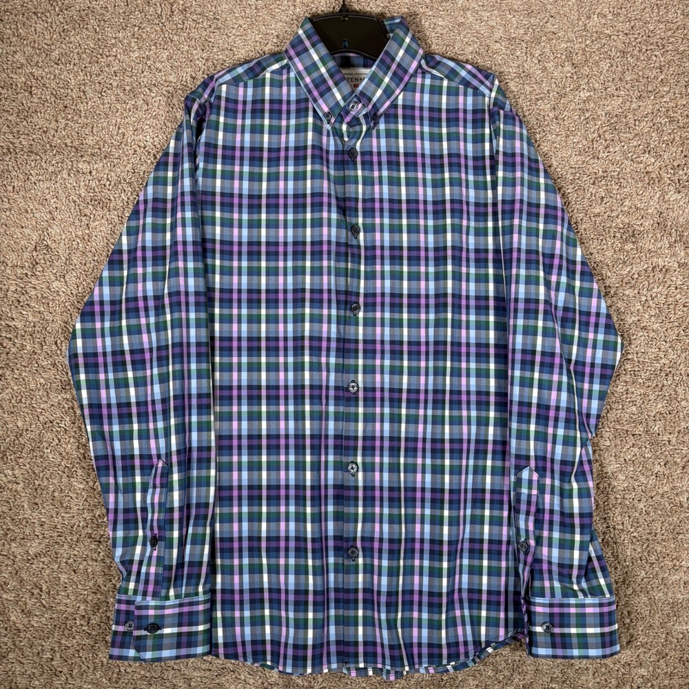 Mizzen+Main Leeward Plaid Performance Shirt Mens Large Standard Fit Purple Blue